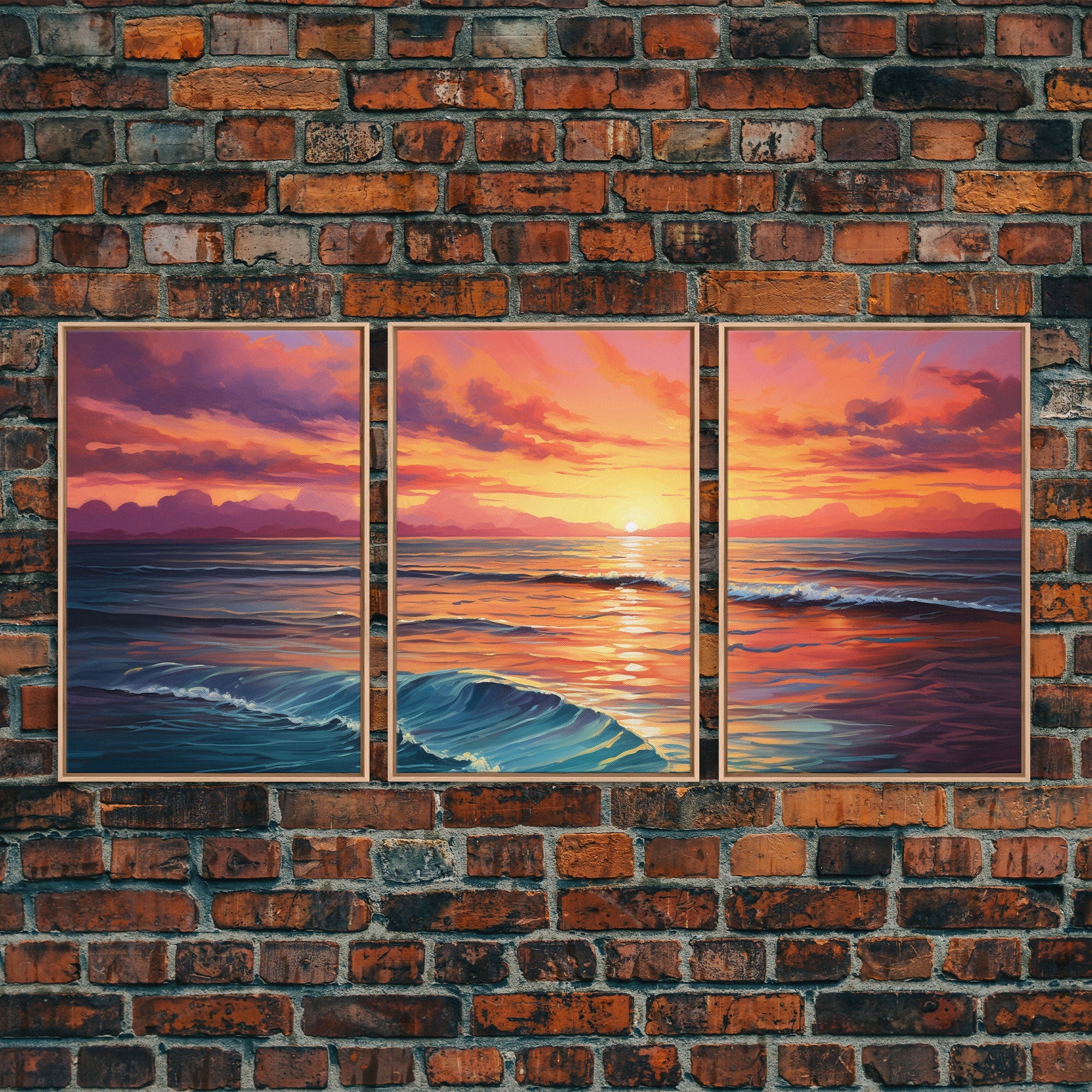 Watercolor Beach Landscape Canvas Wall Art — 3-Piece Coastal Panoramic Print