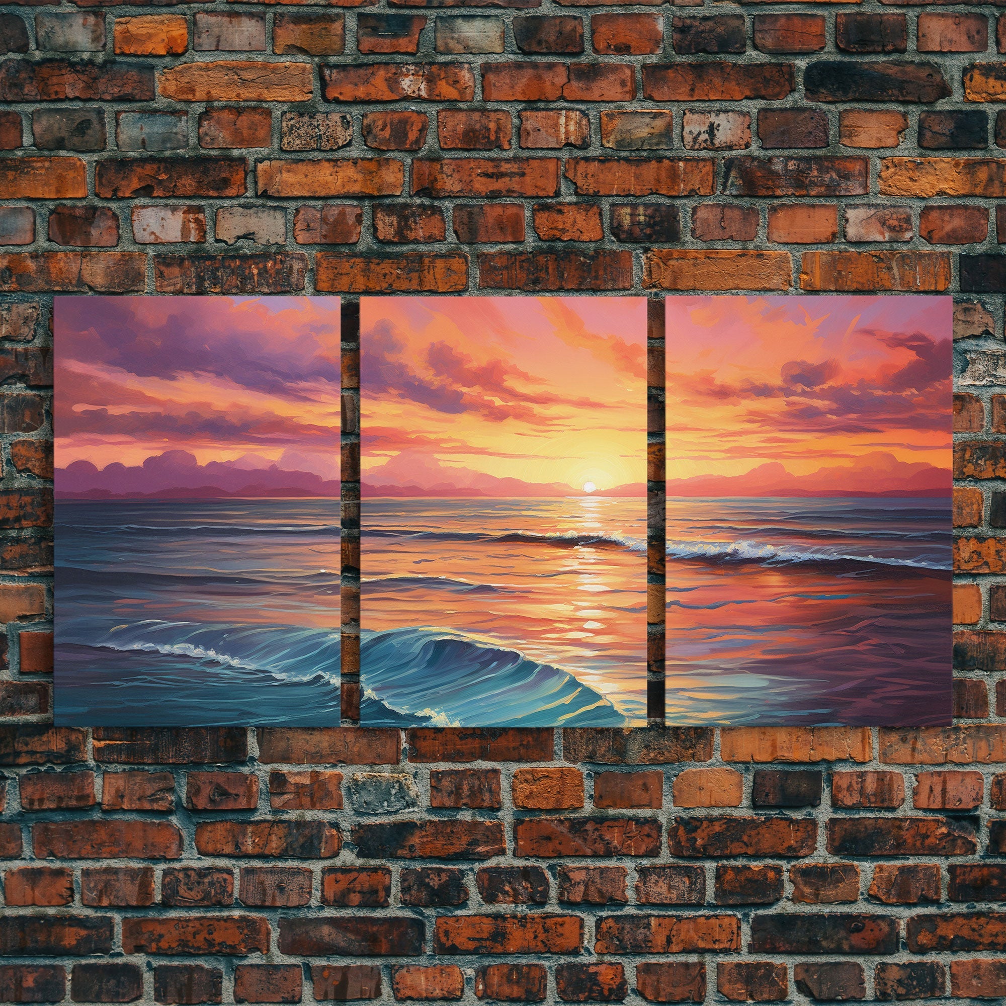 Watercolor Beach Landscape Canvas Wall Art — 3-Piece Coastal Panoramic Print