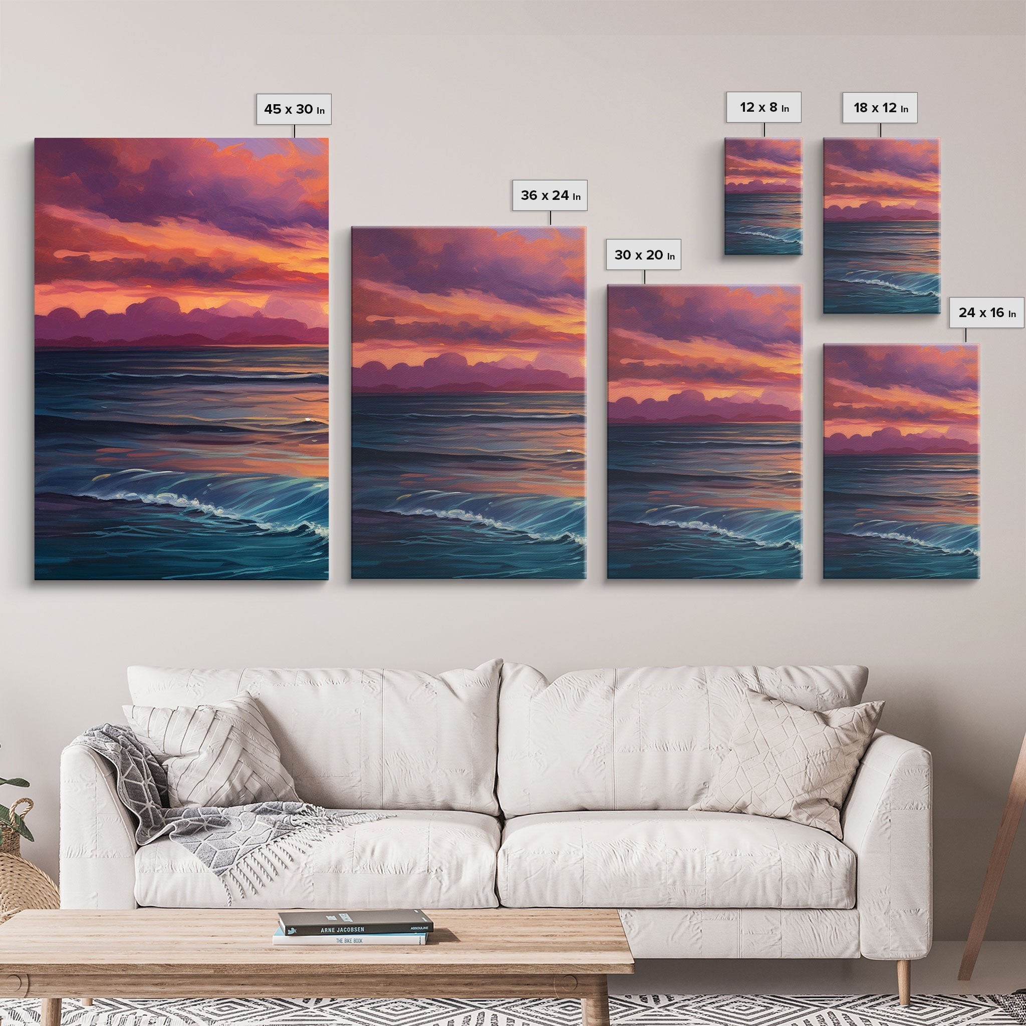 Watercolor Beach Landscape Canvas Wall Art — 3-Piece Coastal Panoramic Print