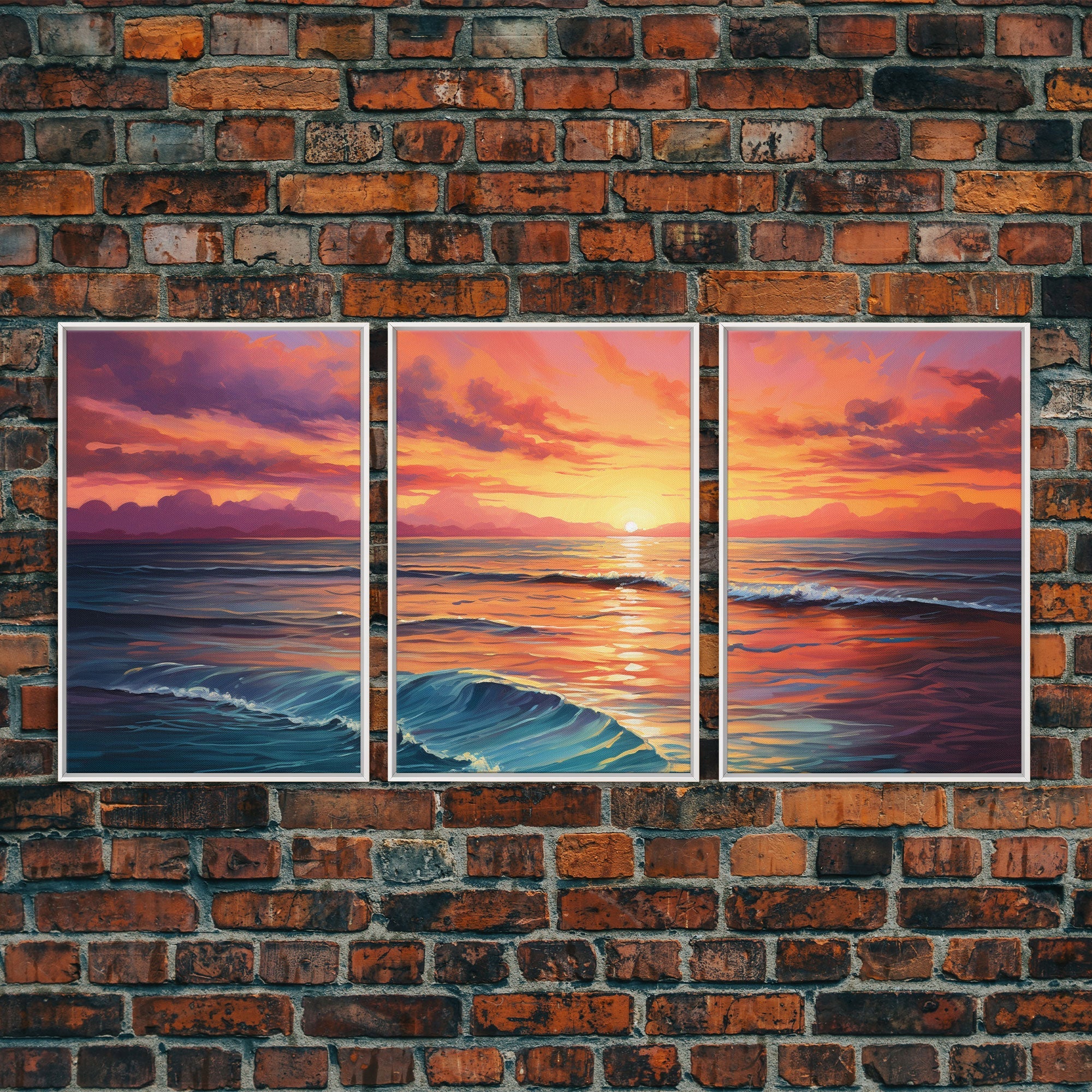 Watercolor Beach Landscape Canvas Wall Art — 3-Piece Coastal Panoramic Print