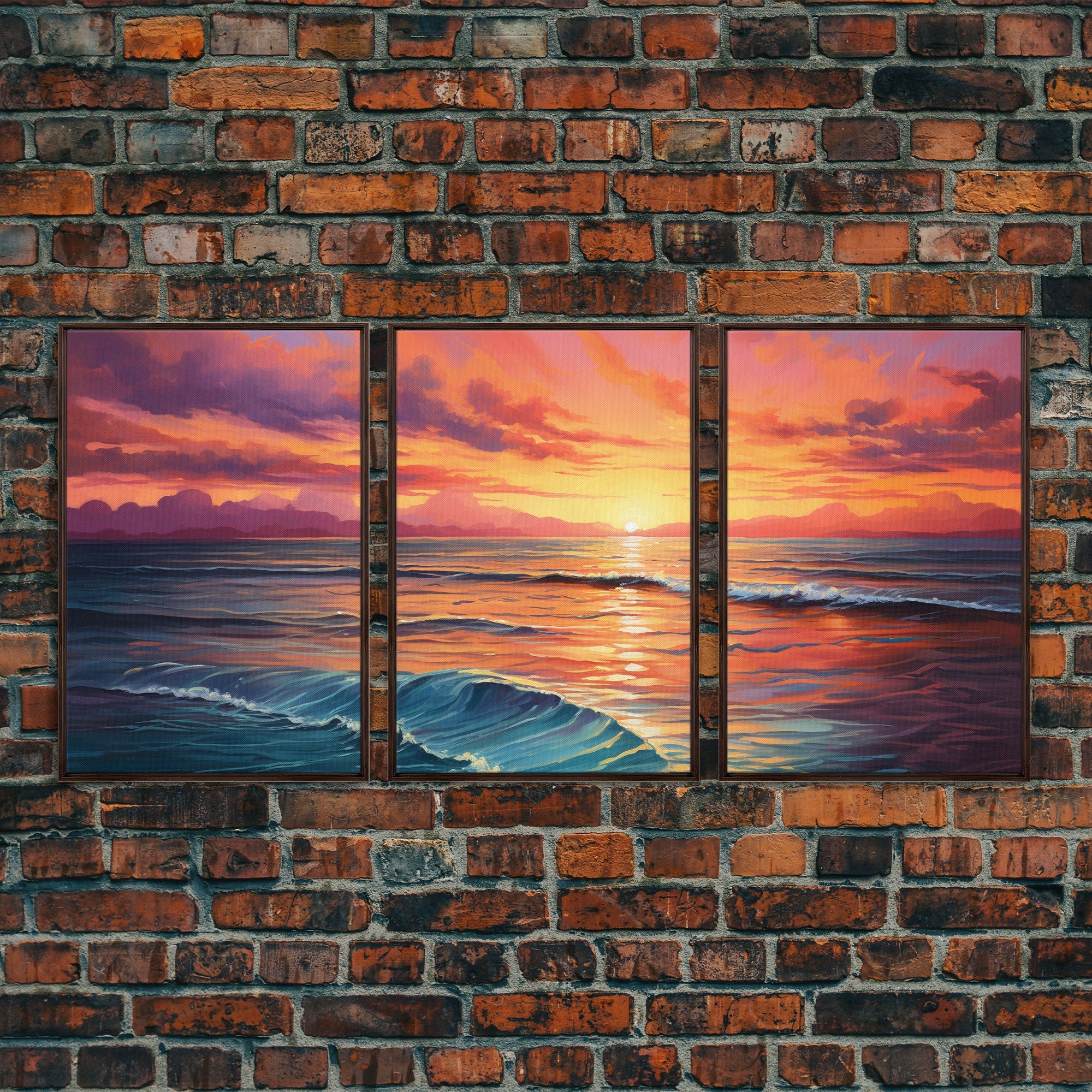 Watercolor Beach Landscape Canvas Wall Art — 3-Piece Coastal Panoramic Print
