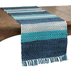 Fennco Styles Coastal Style Tasseled Striped Chindi 100% Cotton Table Runner 16 x 72 Inch – Blue Table Cover for Home Décor, Beach House, Dining Table, Banquets and Special Events