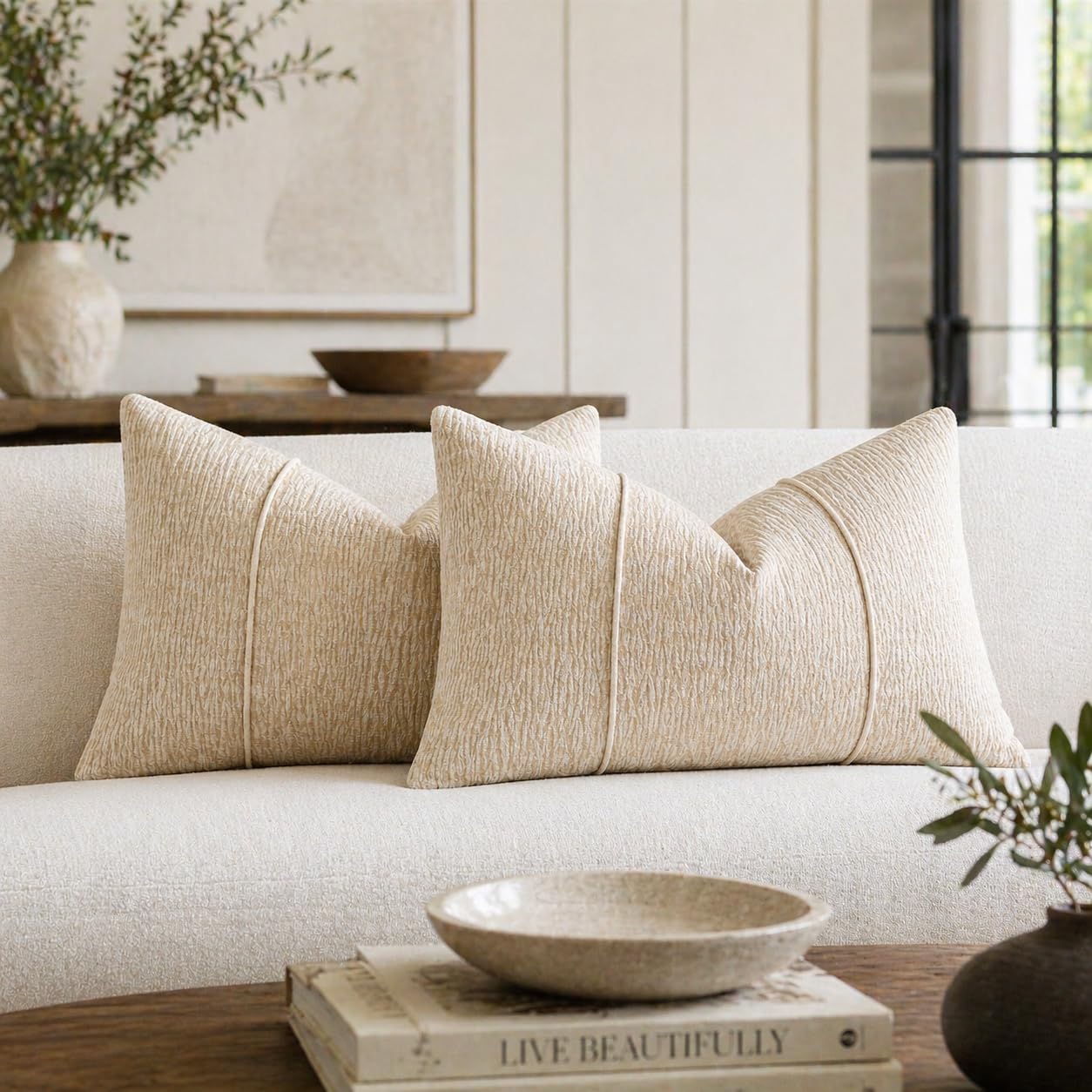 Fennco Styles Beige Chenille Lumbar Throw Pillow with Insert 12" X 20", Textured Corded Ribbed Decorative Filled Accent Pillow for Couch, Bed, Home and Cottage Décor, 1-Pack