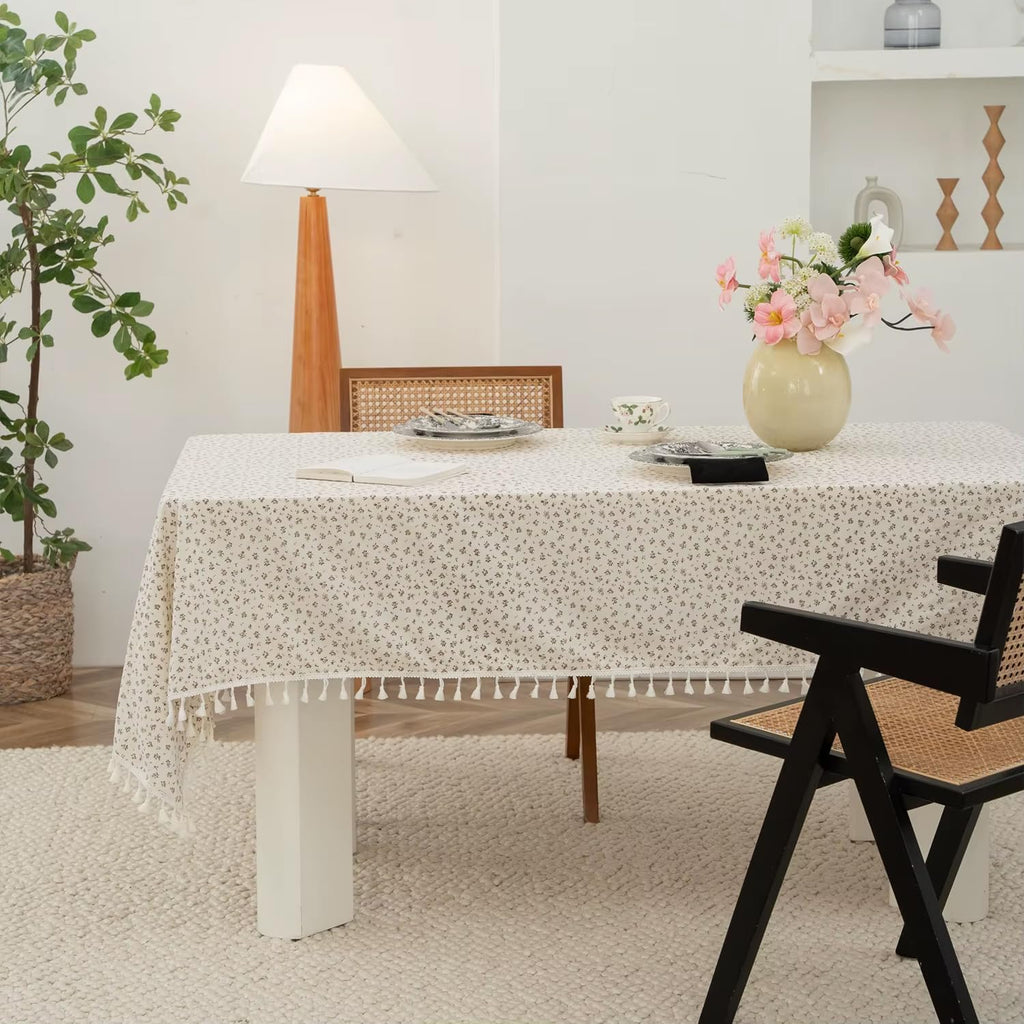 Fennco Styles Spring Floral White Cotton Tablecloth with Tassel – 56" W X 56" L Delicate Botanical Print Table Cover for Dining Room, Tea Party, Banquet or Spring Decor