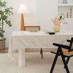 Fennco Styles Spring Floral White Cotton Tablecloth with Tassel – 56" W X 56" L Delicate Botanical Print Table Cover for Dining Room, Tea Party, Banquet or Spring Decor