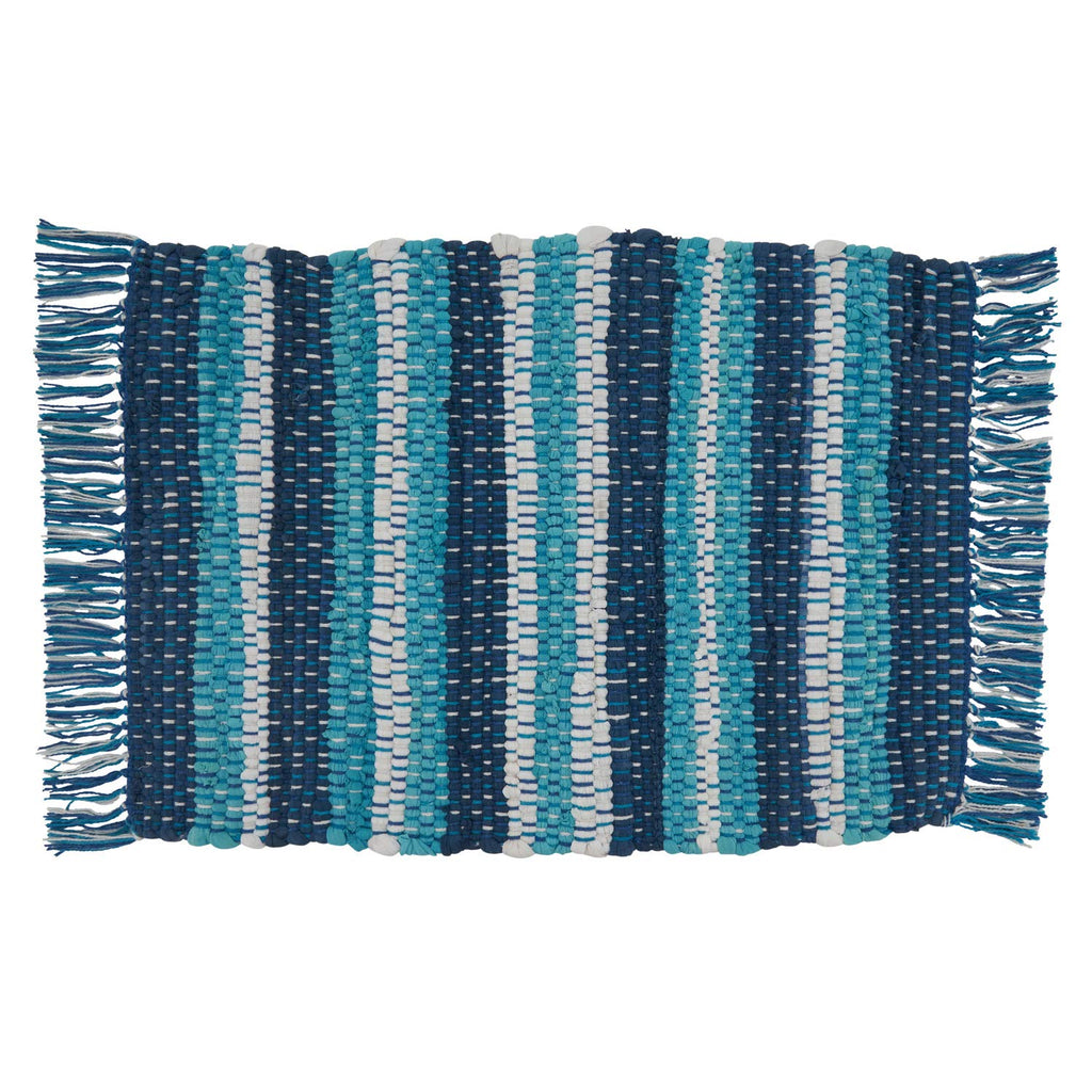 Fennco Styles Coastal Style Tasseled Striped Chindi 100% Cotton Table Runner 16 x 72 Inch – Blue Table Cover for Home Décor, Beach House, Dining Table, Banquets and Special Events