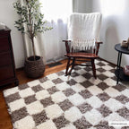 Atira Checkered Shag Area Rug — Cream & Brown Boho Living Room Rug
