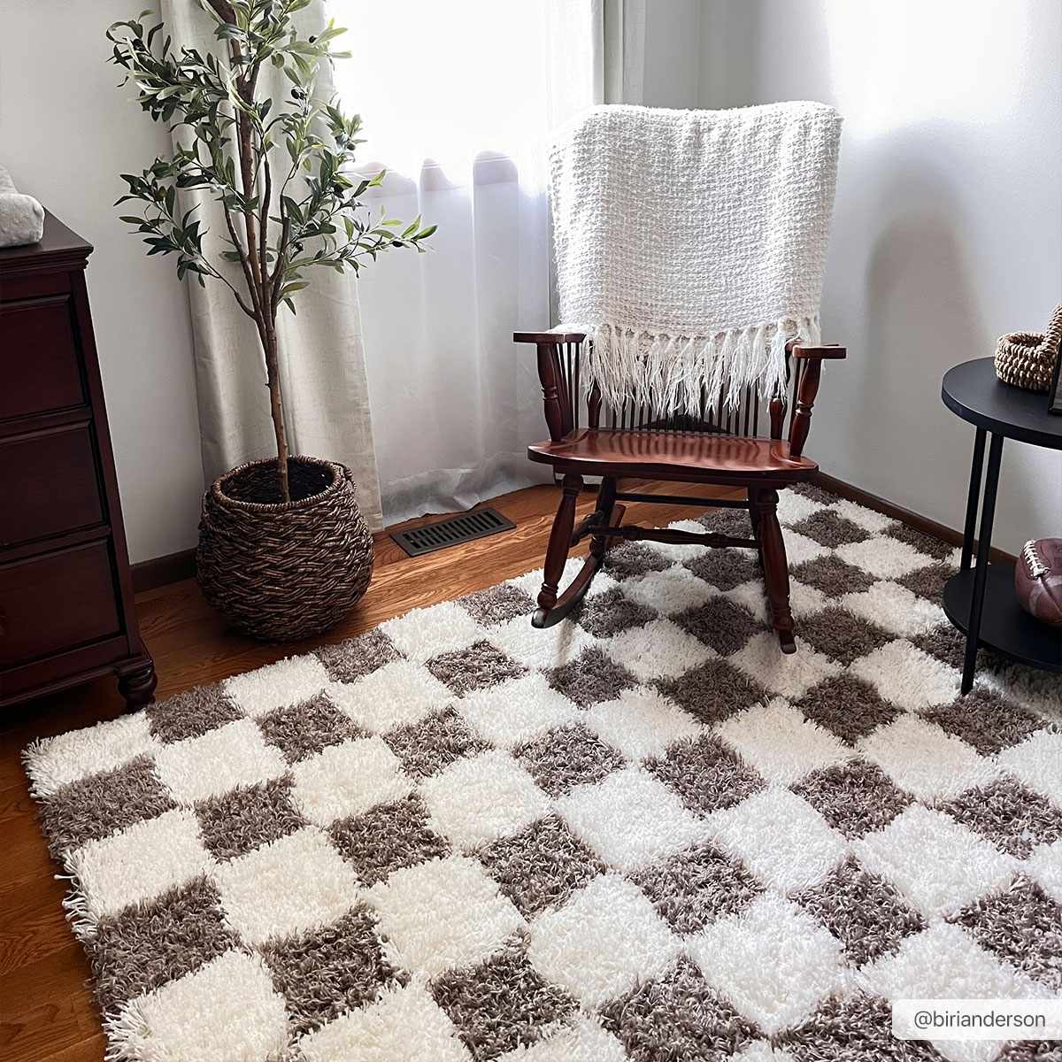Atira Checkered Shag Area Rug — Cream & Brown Boho Living Room Rug