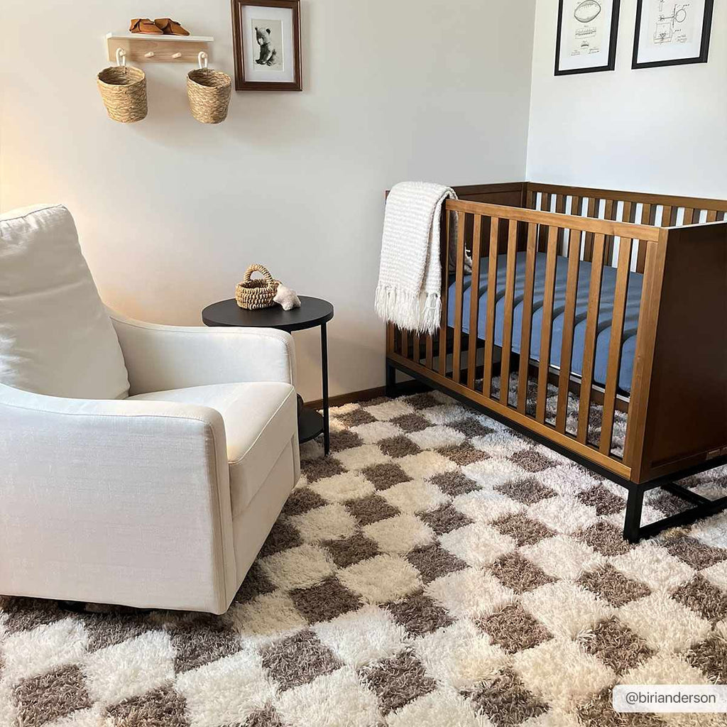 Atira Checkered Shag Area Rug — Cream & Brown Boho Living Room Rug