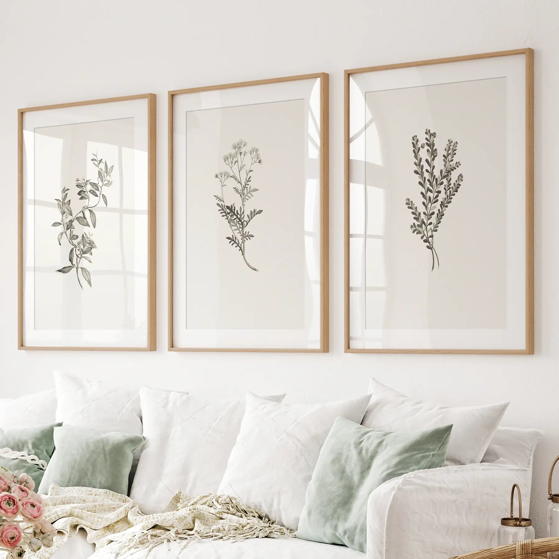 Vintage Botanical Wall Art Set of 3 — Minimalist Framed Prints for Bedroom or Living Room