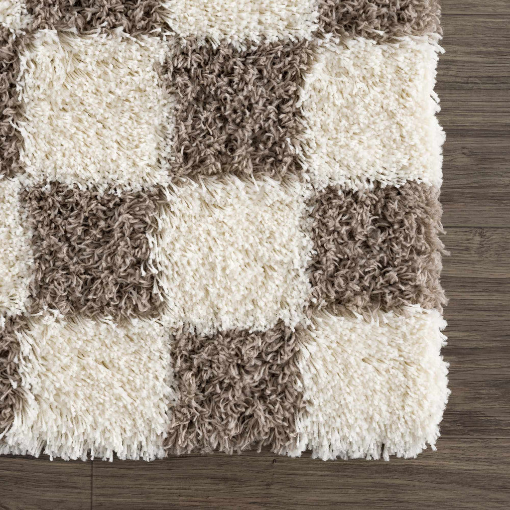 Atira Checkered Shag Area Rug — Cream & Brown Boho Living Room Rug