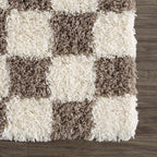 Atira Checkered Shag Area Rug — Cream & Brown Boho Living Room Rug