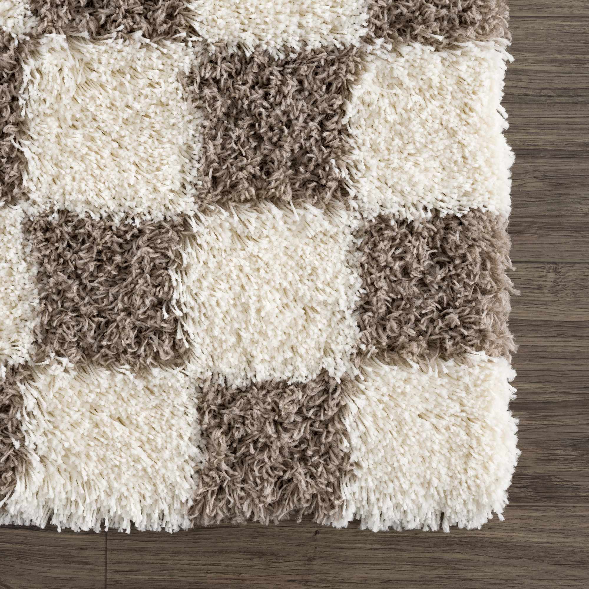 Atira Checkered Shag Area Rug — Cream & Brown Boho Living Room Rug