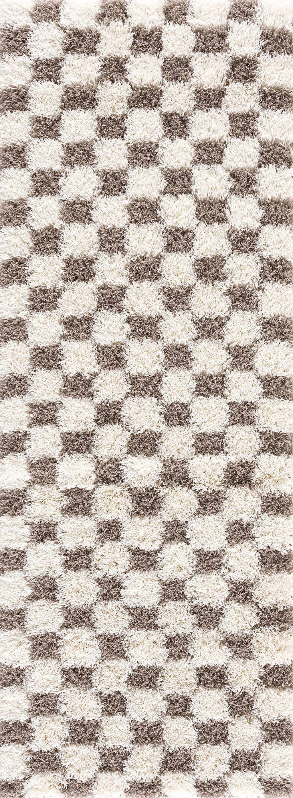 Atira Checkered Shag Area Rug — Cream & Brown Boho Living Room Rug