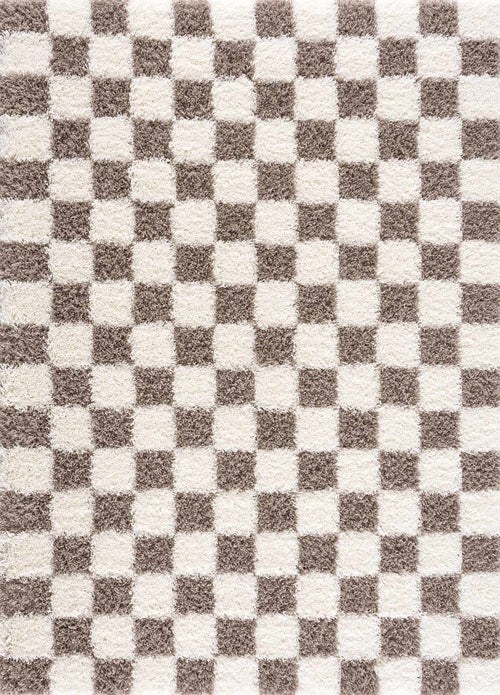 Atira Checkered Shag Area Rug — Cream & Brown Boho Living Room Rug