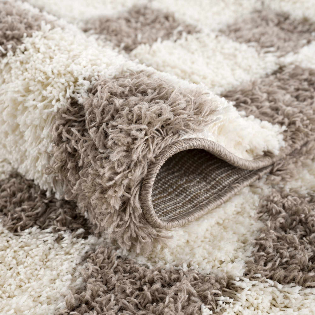 Atira Checkered Shag Area Rug — Cream & Brown Boho Living Room Rug