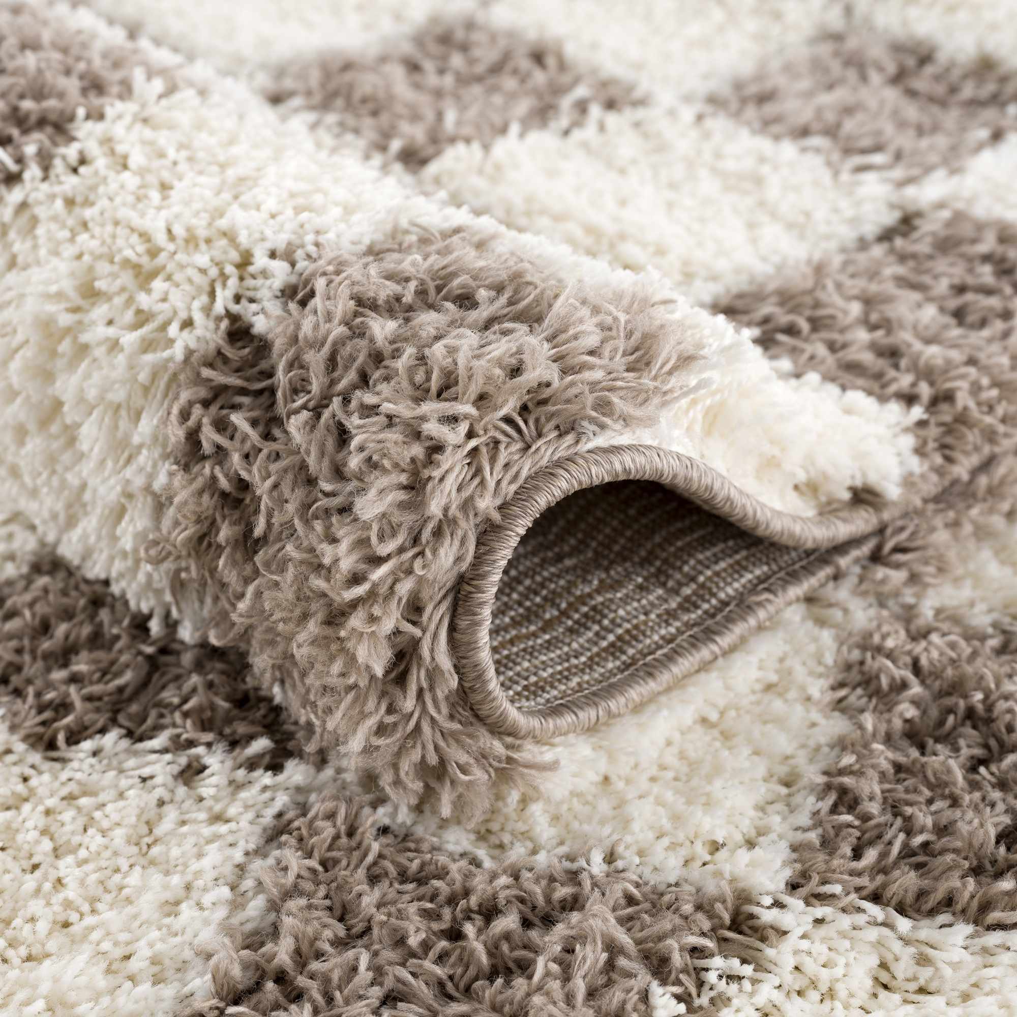Atira Checkered Shag Area Rug — Cream & Brown Boho Living Room Rug