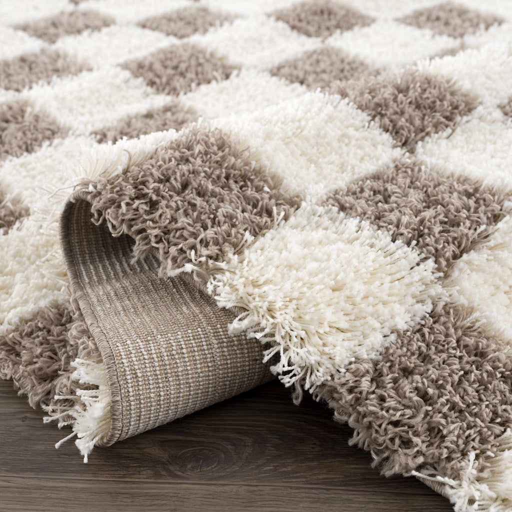 Atira Checkered Shag Area Rug — Cream & Brown Boho Living Room Rug