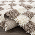 Atira Checkered Shag Area Rug — Cream & Brown Boho Living Room Rug