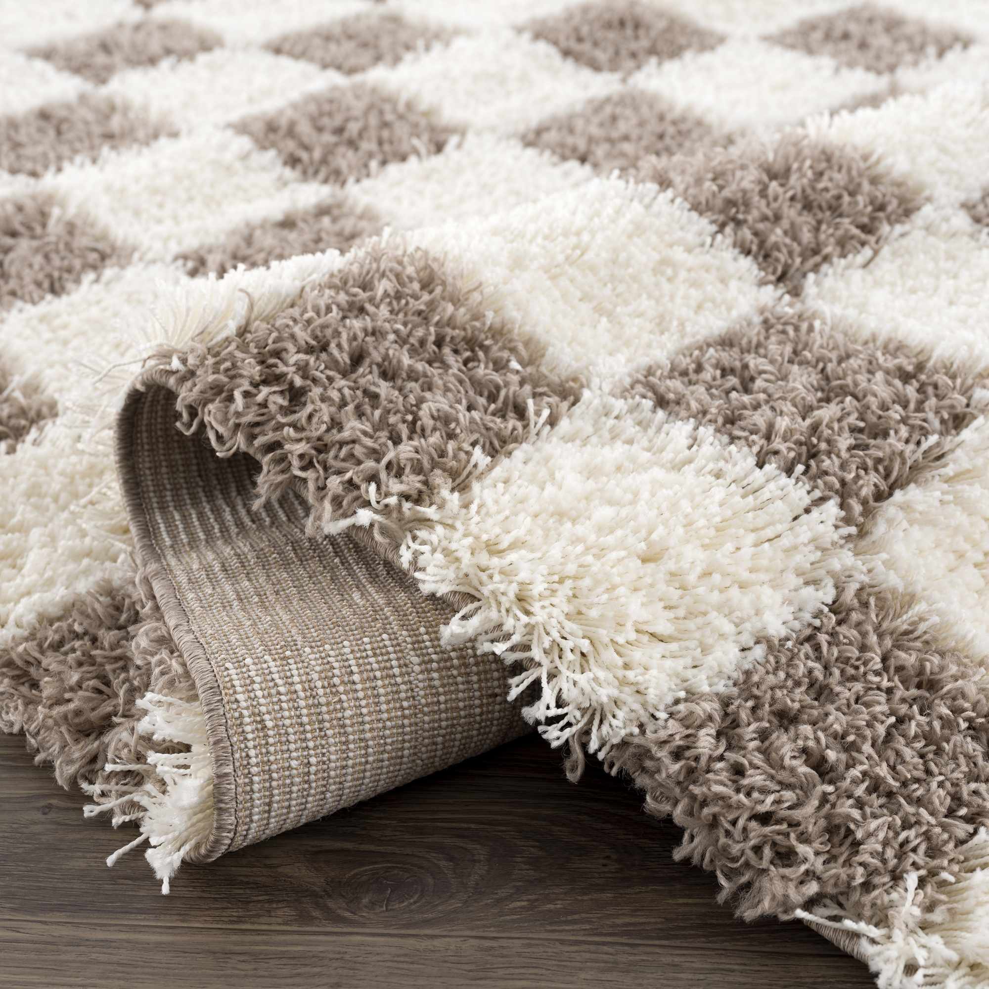Atira Checkered Shag Area Rug — Cream & Brown Boho Living Room Rug