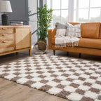 Atira Checkered Shag Area Rug — Cream & Brown Boho Living Room Rug