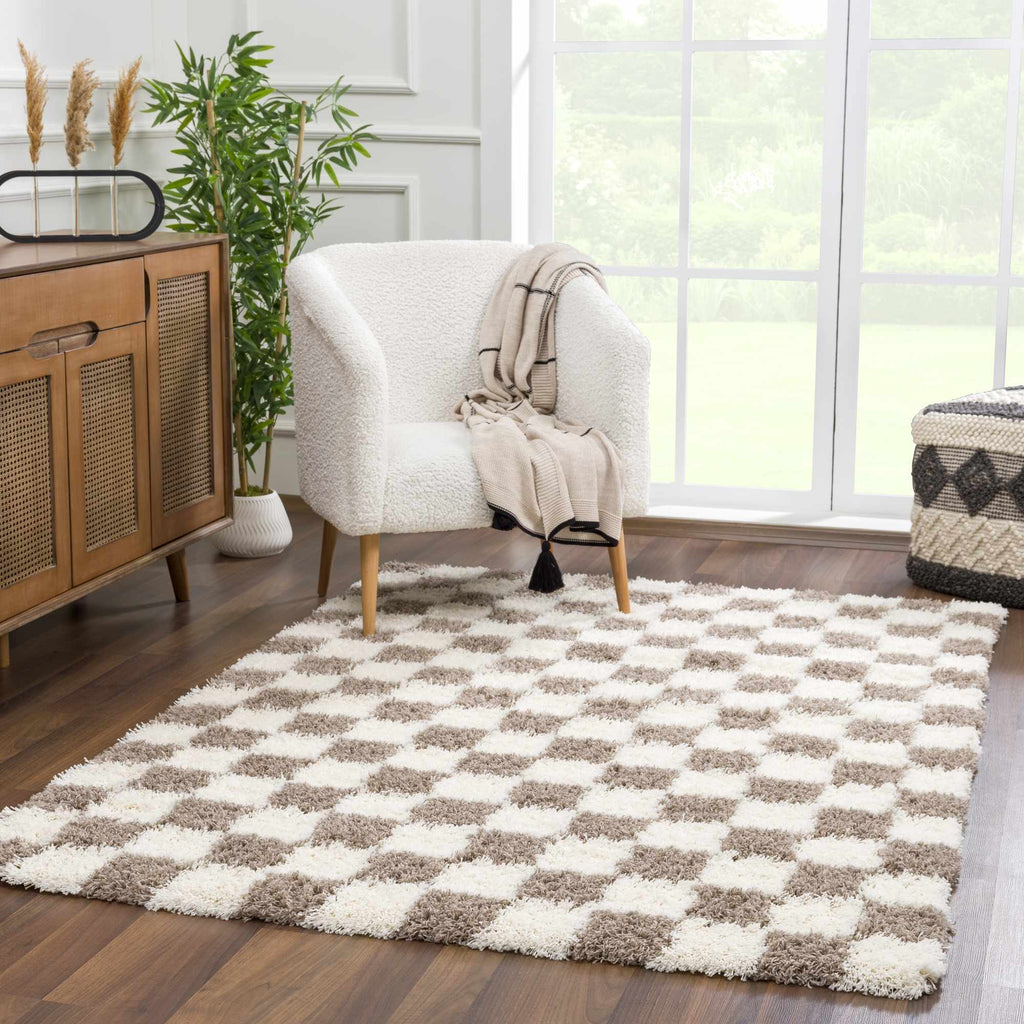 Atira Checkered Shag Area Rug — Cream & Brown Boho Living Room Rug
