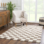Atira Checkered Shag Area Rug — Cream & Brown Boho Living Room Rug