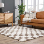 Atira Checkered Shag Area Rug — Cream & Brown Boho Living Room Rug
