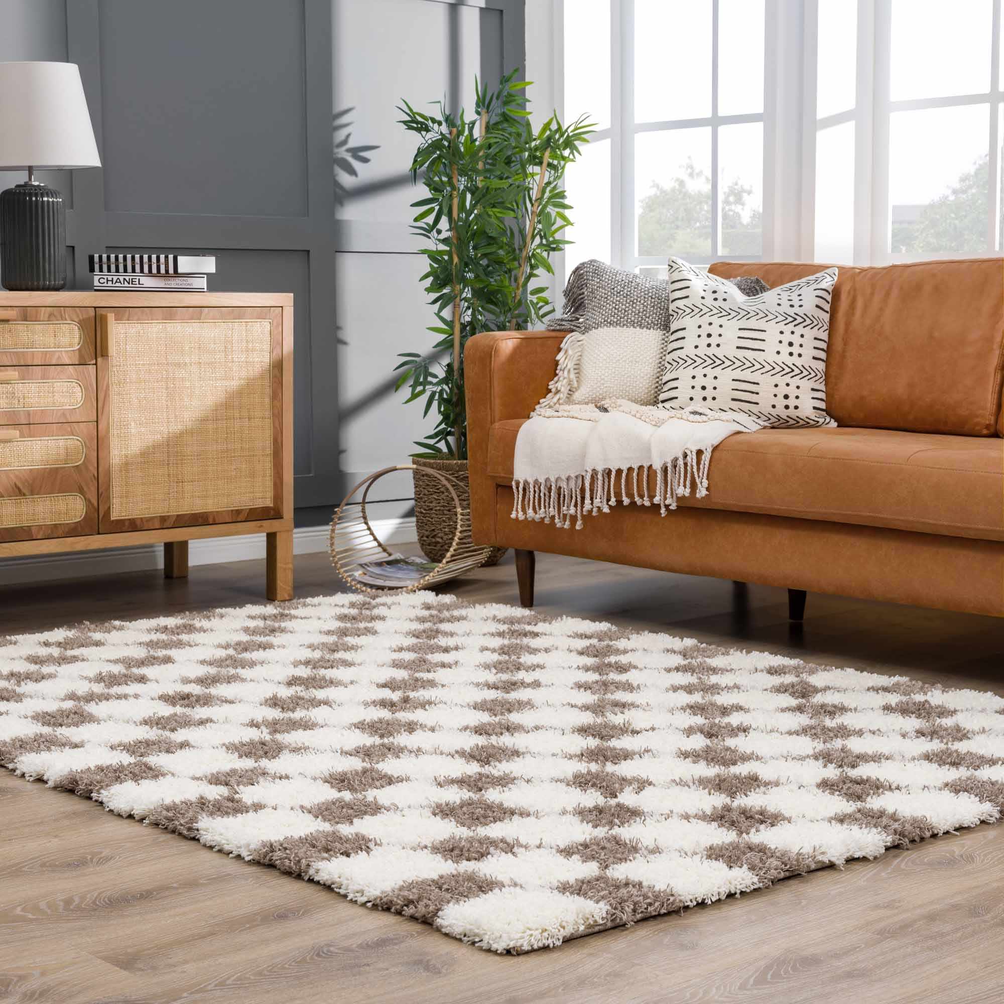 Atira Checkered Shag Area Rug — Cream & Brown Boho Living Room Rug