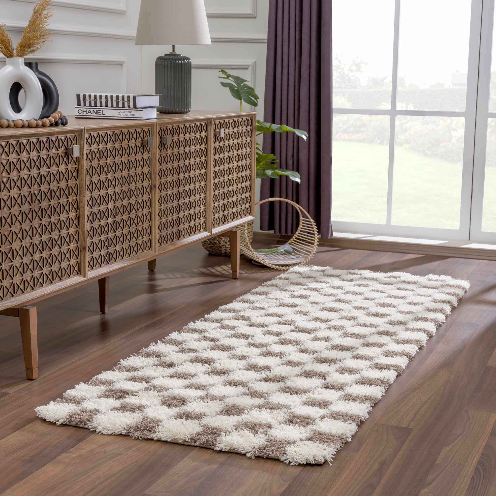 Atira Checkered Shag Area Rug — Cream & Brown Boho Living Room Rug