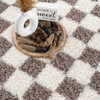 Atira Checkered Shag Area Rug — Cream & Brown Boho Living Room Rug