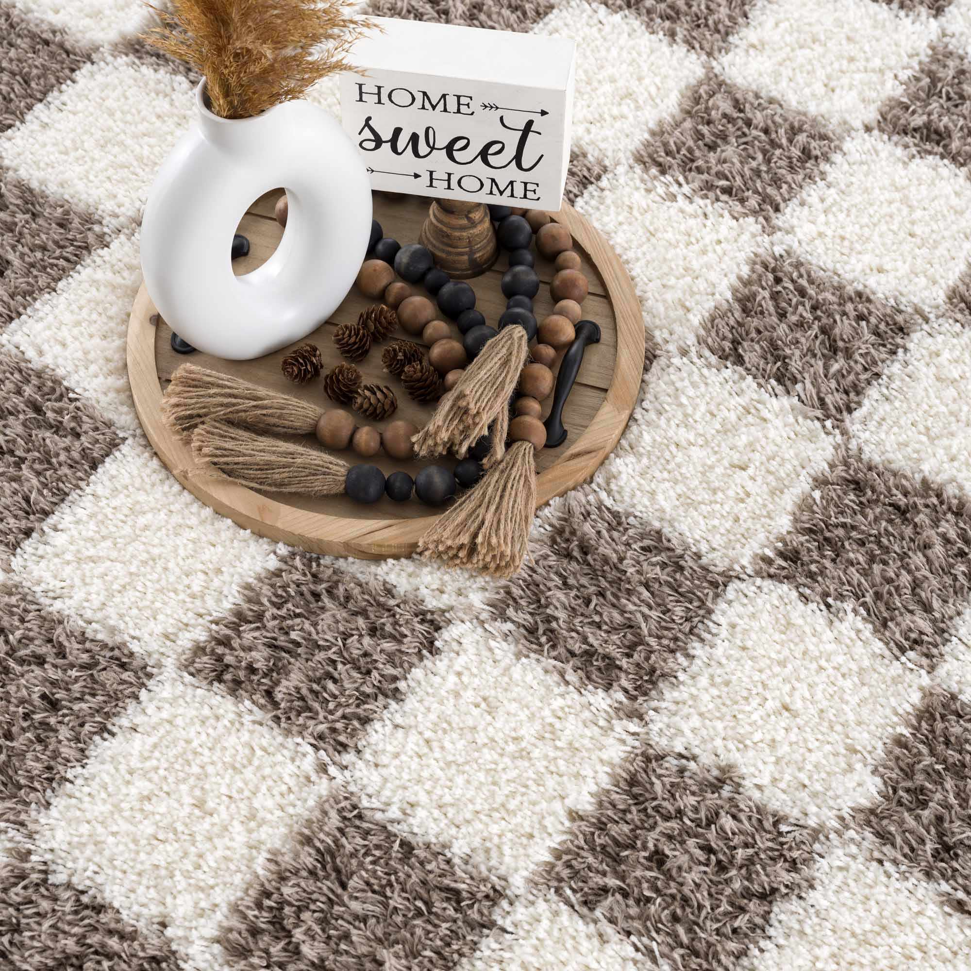 Atira Checkered Shag Area Rug — Cream & Brown Boho Living Room Rug