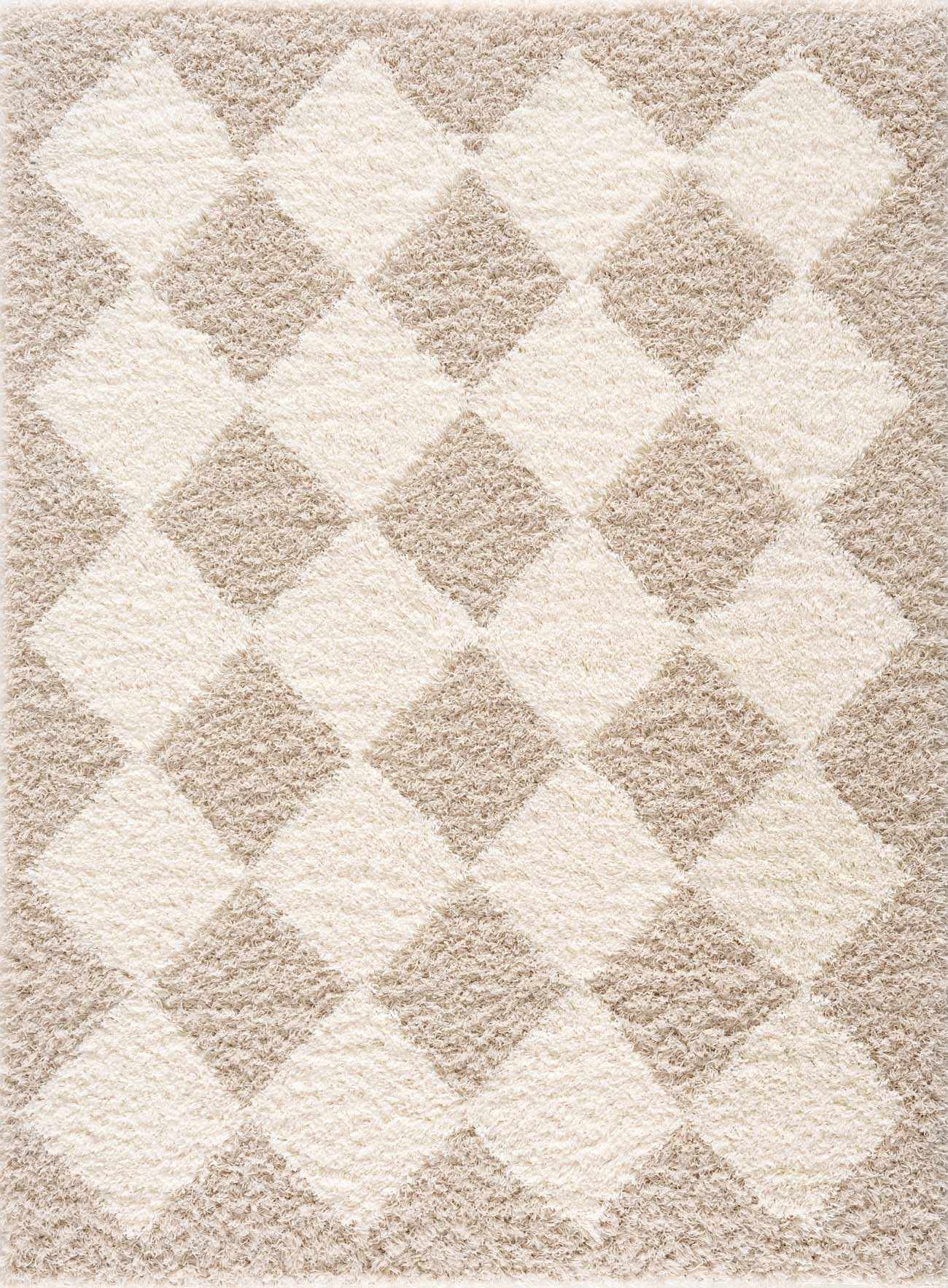Zahur Cream & Beige Diamond Shag Area Rug — Soft Boho Living Room Rug