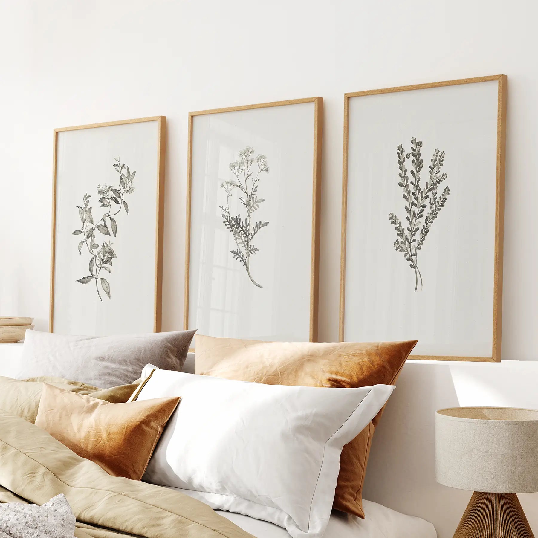 Vintage Botanical Wall Art Set of 3 — Minimalist Framed Prints for Bedroom or Living Room