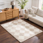 Zahur Cream & Beige Diamond Shag Area Rug — Soft Boho Living Room Rug