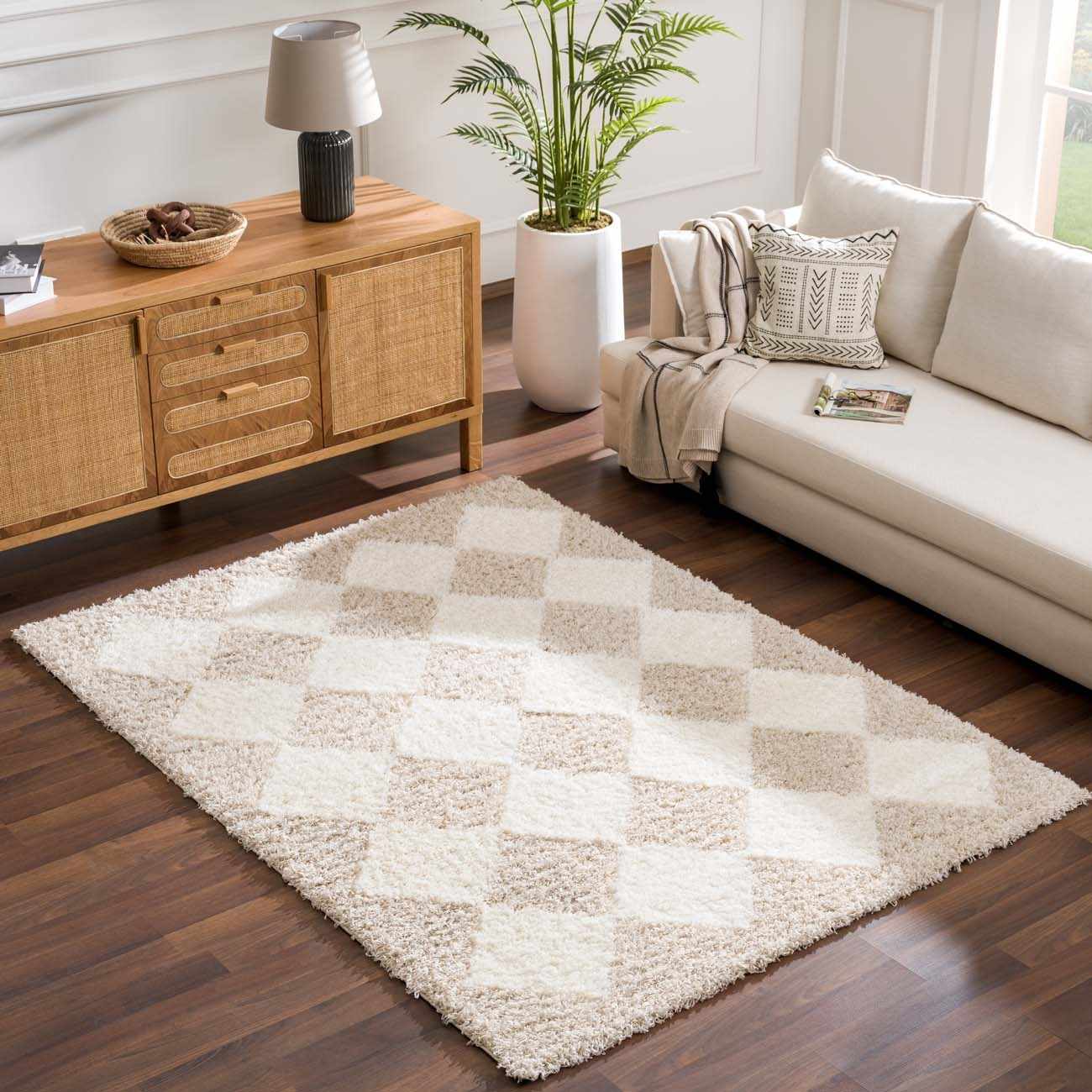 Zahur Cream & Beige Diamond Shag Area Rug — Soft Boho Living Room Rug