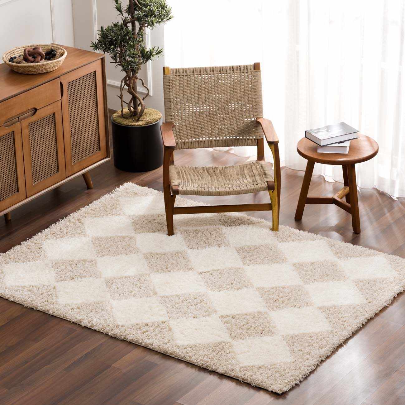 Zahur Cream & Beige Diamond Shag Area Rug — Soft Boho Living Room Rug