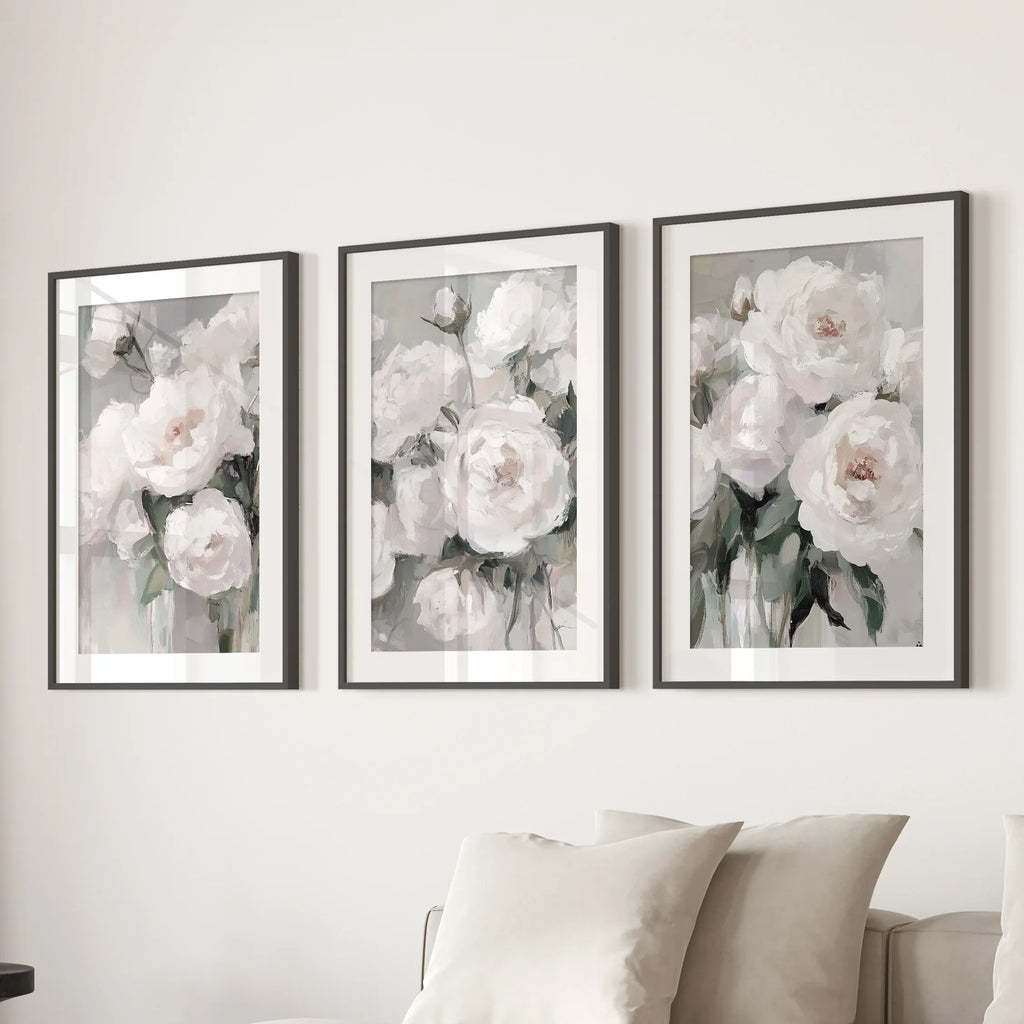 White Peony Floral Wall Art Set of 3 — Romantic Framed Canvas Prints for Bedroom
