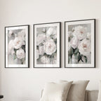 White Peony Floral Wall Art Set of 3 — Romantic Framed Canvas Prints for Bedroom