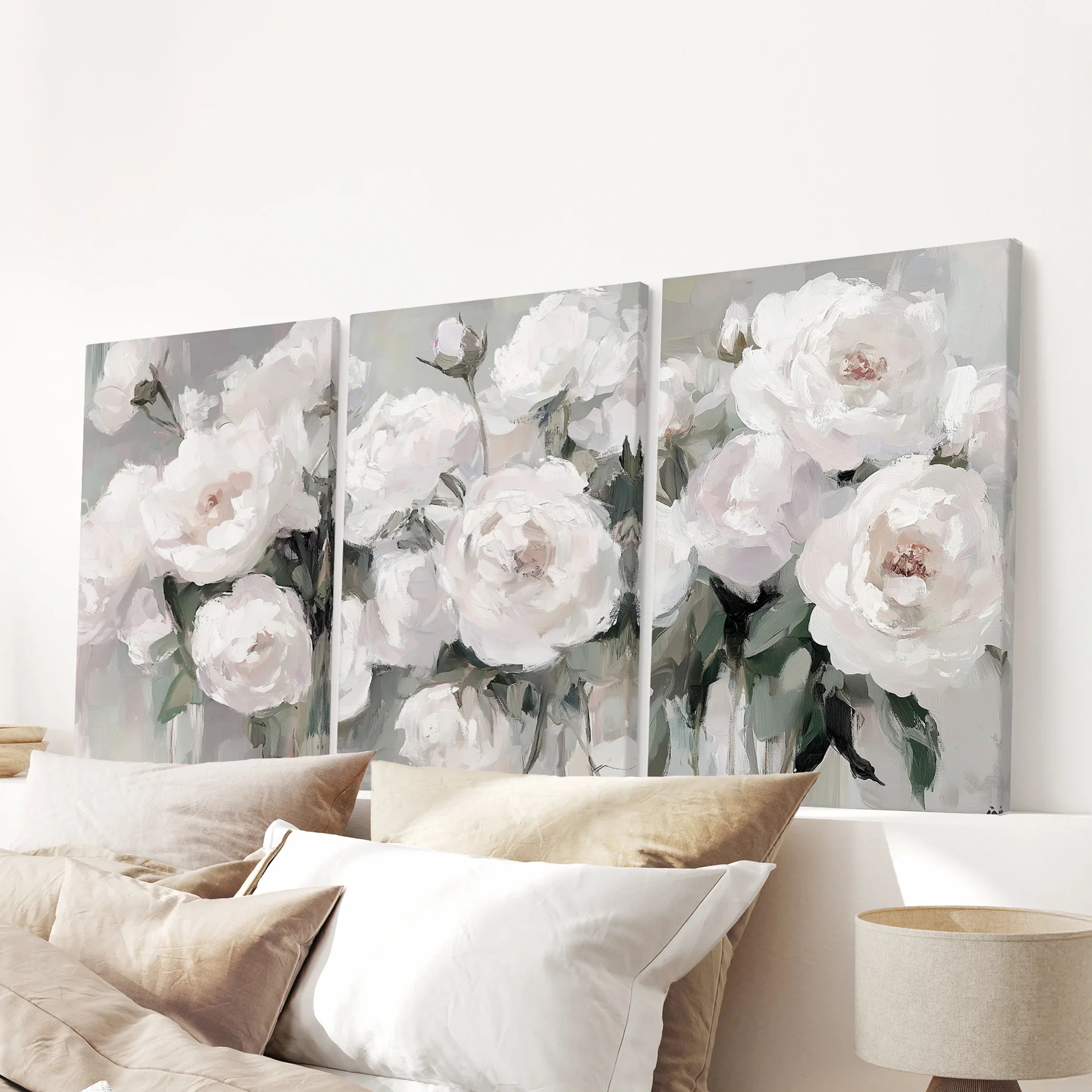 White Peony Floral Wall Art Set of 3 — Romantic Framed Canvas Prints for Bedroom