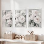 White Peony Floral Wall Art Set of 3 — Romantic Framed Canvas Prints for Bedroom