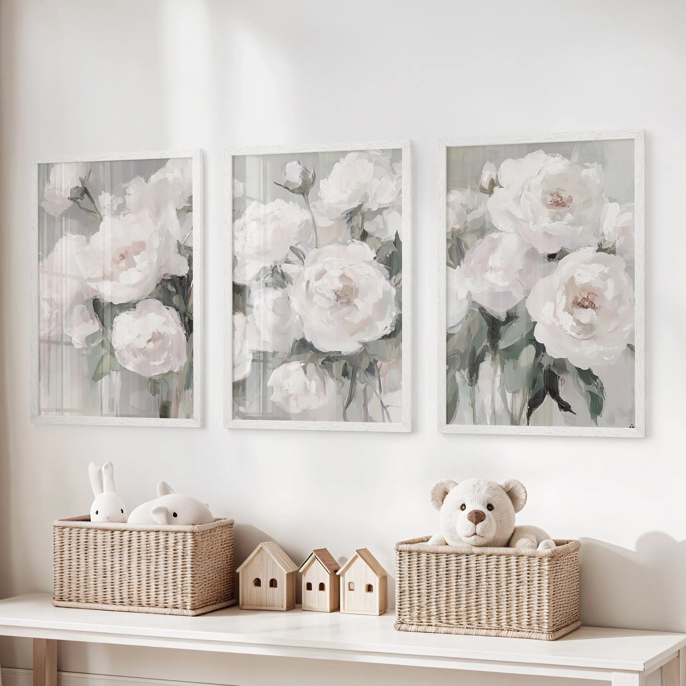 White Peony Floral Wall Art Set of 3 — Romantic Framed Canvas Prints for Bedroom