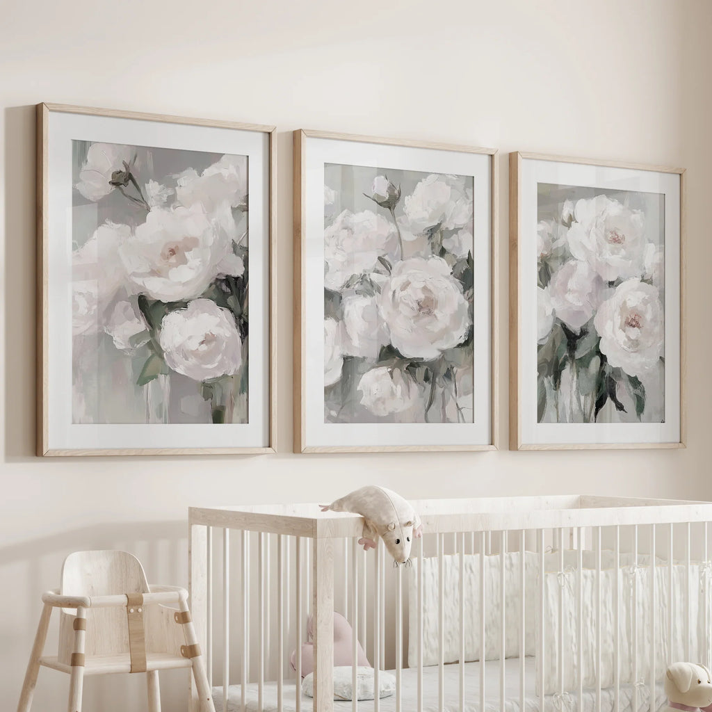 White Peony Floral Wall Art Set of 3 — Romantic Framed Canvas Prints for Bedroom
