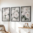 White Peony Floral Wall Art Set of 3 — Romantic Framed Canvas Prints for Bedroom