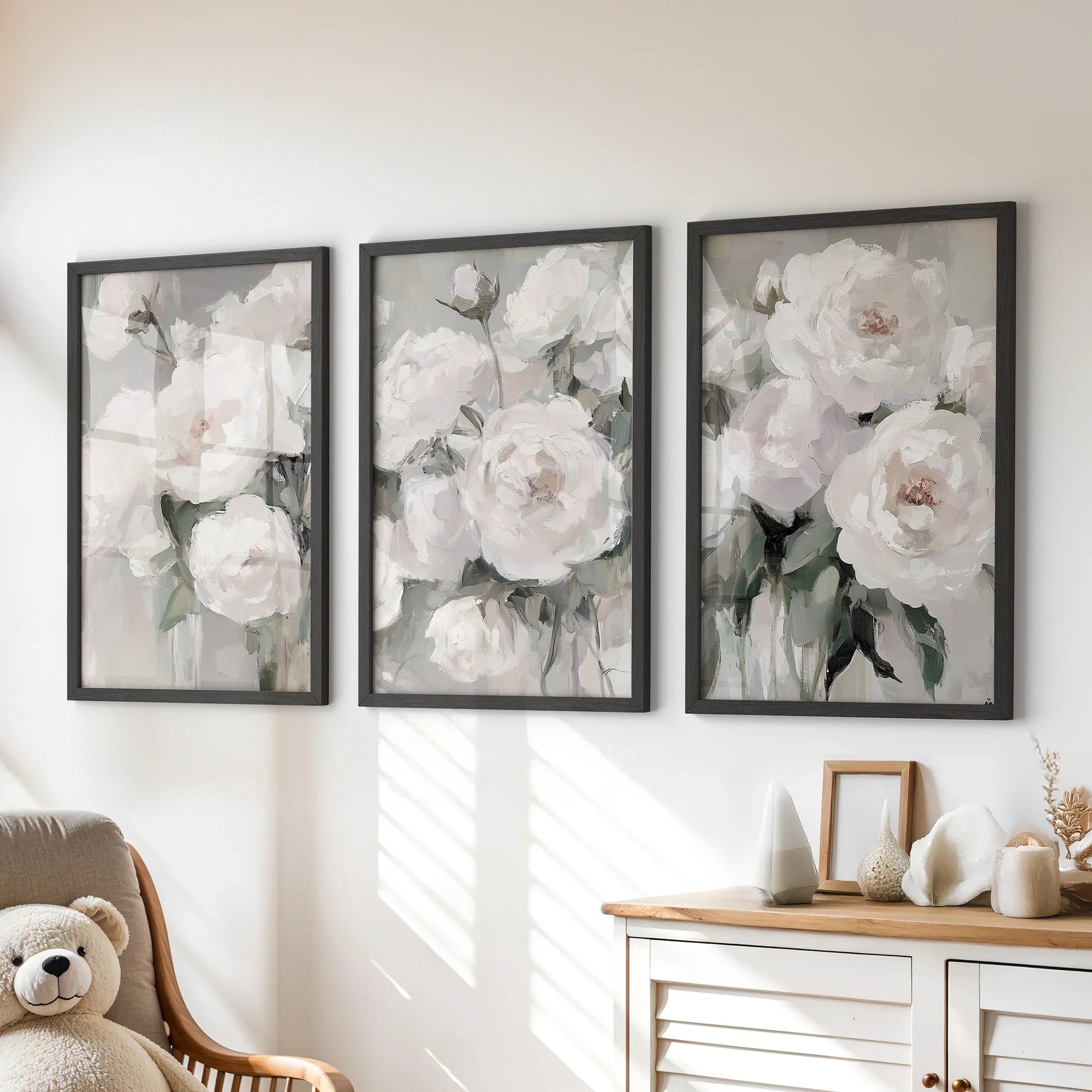 White Peony Floral Wall Art Set of 3 — Romantic Framed Canvas Prints for Bedroom