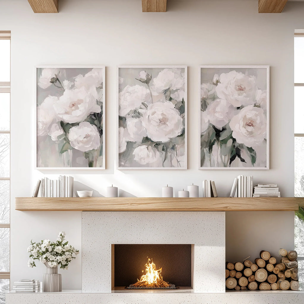White Peony Floral Wall Art Set of 3 — Romantic Framed Canvas Prints for Bedroom
