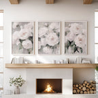 White Peony Floral Wall Art Set of 3 — Romantic Framed Canvas Prints for Bedroom