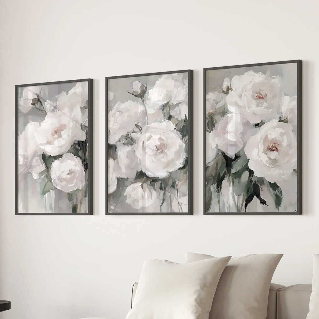 White Peony Floral Wall Art Set of 3 — Romantic Framed Canvas Prints for Bedroom