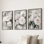White Peony Floral Wall Art Set of 3 — Romantic Framed Canvas Prints for Bedroom