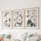White Peony Floral Wall Art Set of 3 — Romantic Framed Canvas Prints for Bedroom